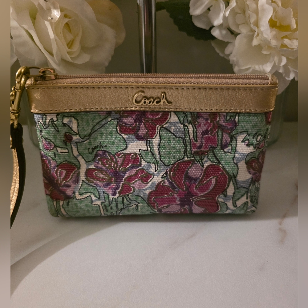 Coach Floral Wristlet - Green and Red